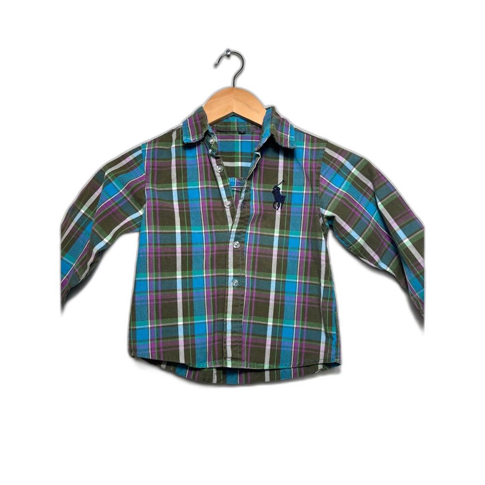 Polo Ralph Lauren Boy's button up Size 7 Blue Green Plaid Preppy Classic School